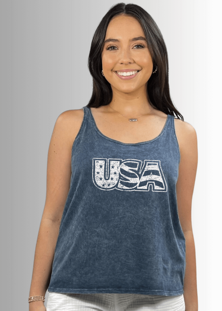 Made in USA White USA Distressed Stars and Stripes Graphic Women's Sustainable durable premium America-made cotton tank top, Mineral Washed Vintage Look | Classy Cozy Cool Made in America Boutique