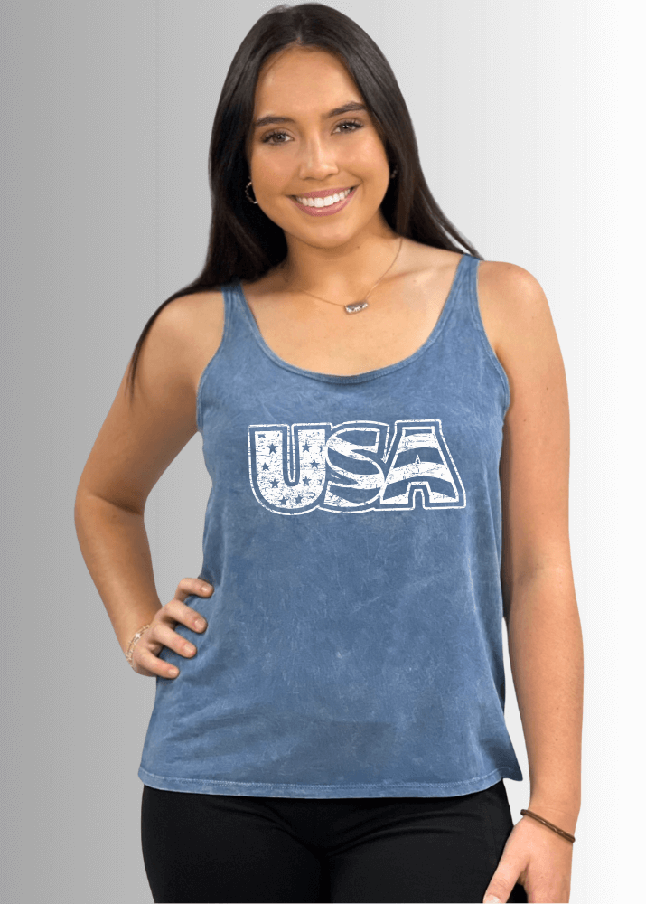 Made in USA White USA Distressed Stars and Stripes Graphic Women's Sustainable durable premium America-made cotton tank top, Mineral Washed Vintage Look | Classy Cozy Cool Made in America Boutique