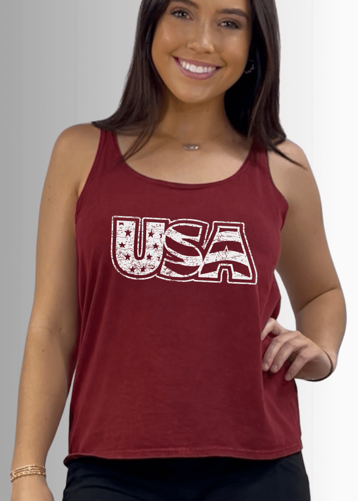 Made in USA White USA Distressed Stars and Stripes Graphic Women's Sustainable durable premium America-made cotton tank top, Mineral Washed Vintage Look | Classy Cozy Cool Made in America Boutique