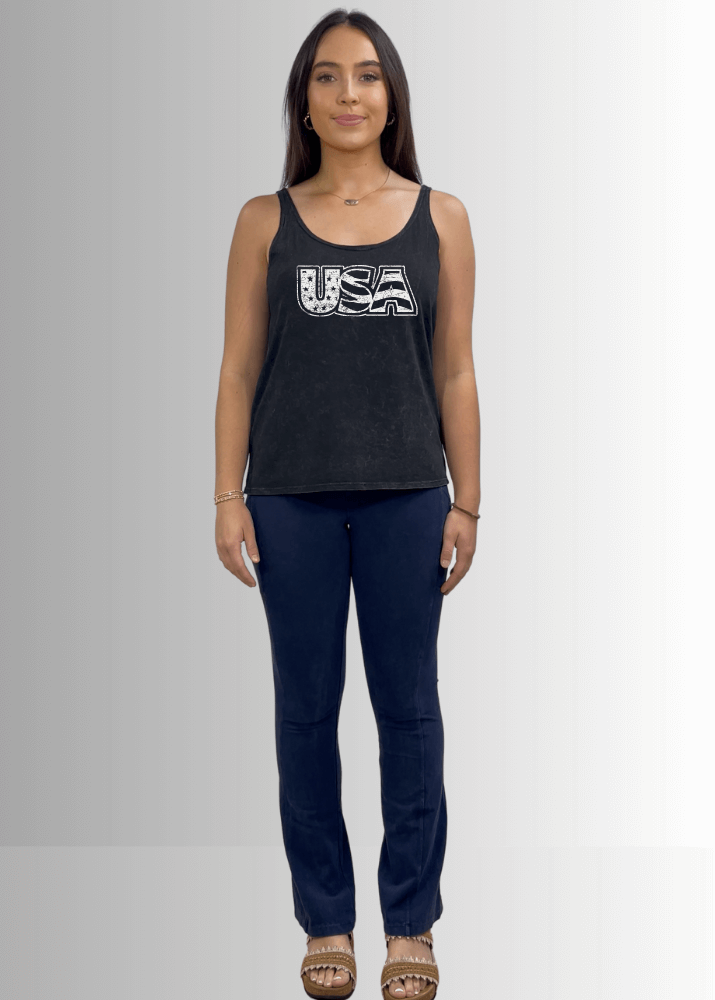 Made in USA White USA Distressed Stars and Stripes Graphic Women's Sustainable durable premium America-made cotton tank top, Mineral Washed Vintage Look | Classy Cozy Cool Made in America Boutique