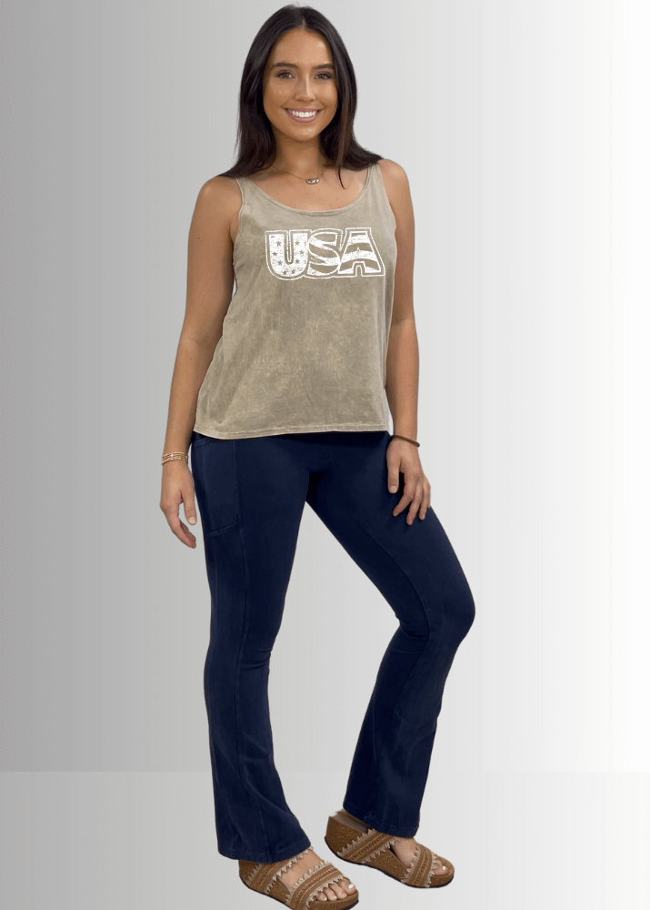 Made in USA White USA Distressed Stars and Stripes Graphic Women's Sustainable durable premium America-made cotton tank top, Mineral Washed Vintage Look | Classy Cozy Cool Made in America Boutique