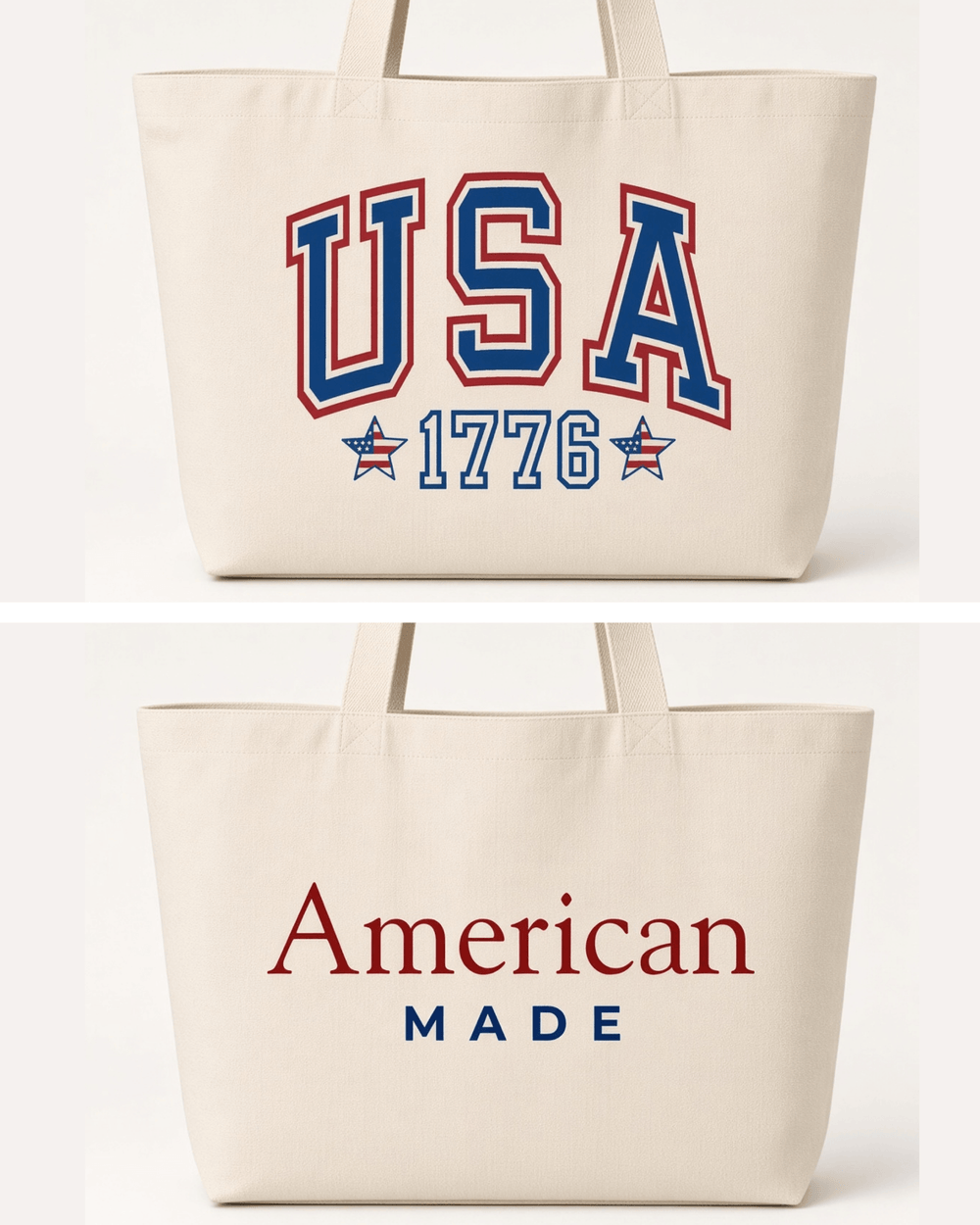 Made in USA. Carry a USA 1776 canvas tote with American Made artwork on the reverse. 12 oz. USA cotton canvas, 20" x 14.5" x 4.5", in Red or Natural.