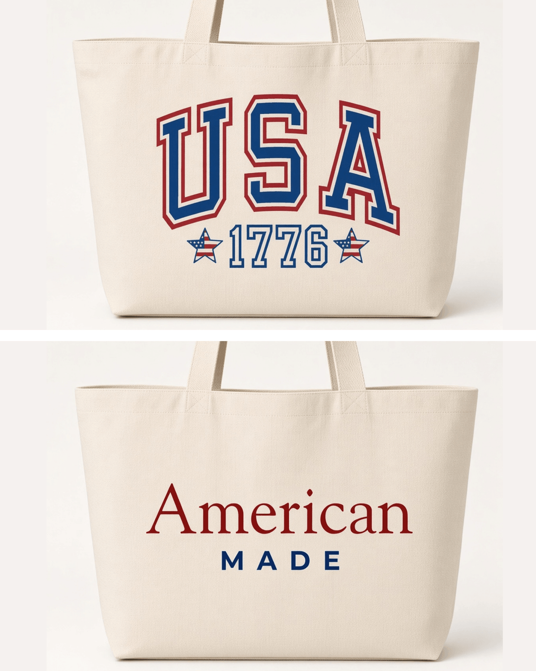 Made in USA. Carry a USA 1776 canvas tote with American Made artwork on the reverse. 12 oz. USA cotton canvas, 20" x 14.5" x 4.5", in Red or Natural.
