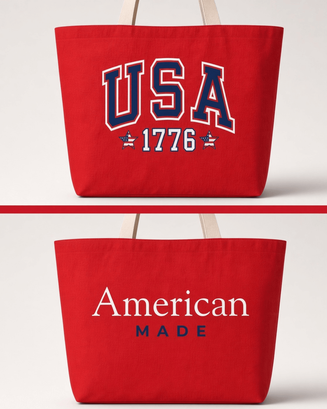 Made in USA. Carry a USA 1776 canvas tote with American Made artwork on the reverse. 12 oz. USA cotton canvas, 20" x 14.5" x 4.5", in Red or Natural.