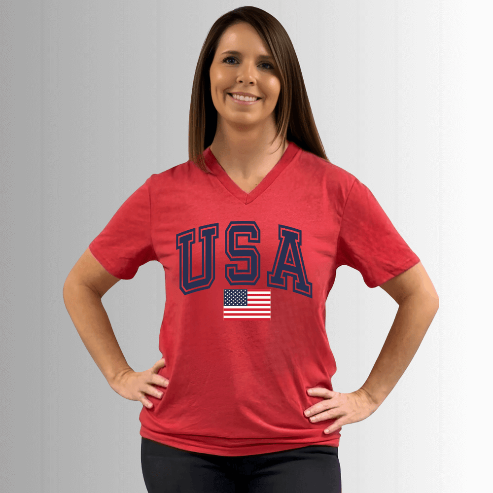 Made in USA Women's USA Graphic V-Neck Short Sleeves Longer Length, Vintage Soft Feel Tee in Cardinal Red, 50% Cotton 50% Polyester 