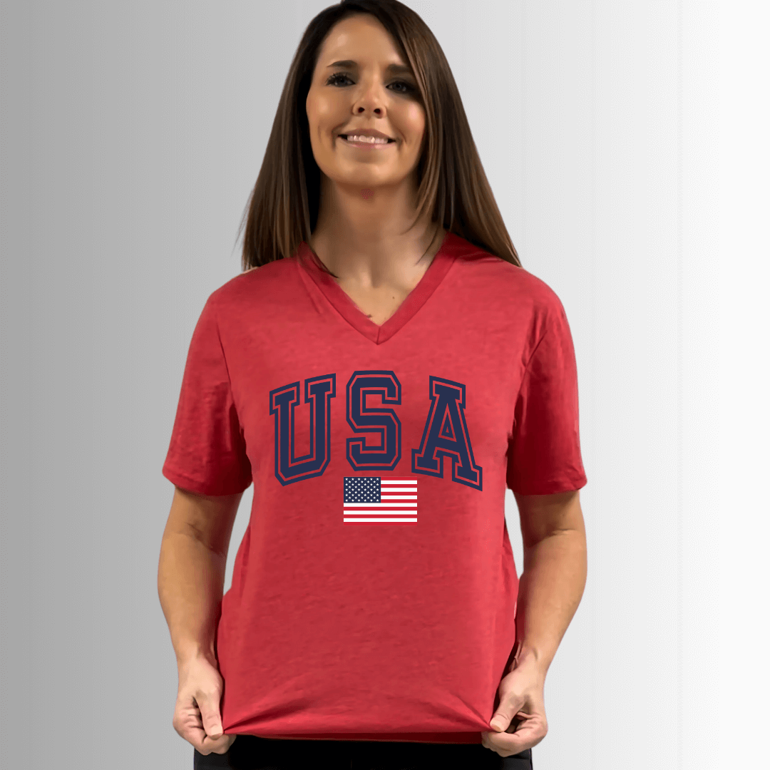 Made in USA Women's USA Graphic V-Neck Short Sleeves Longer Length, Vintage Soft Feel Tee in Cardinal Red, 50% Cotton 50% Polyester 