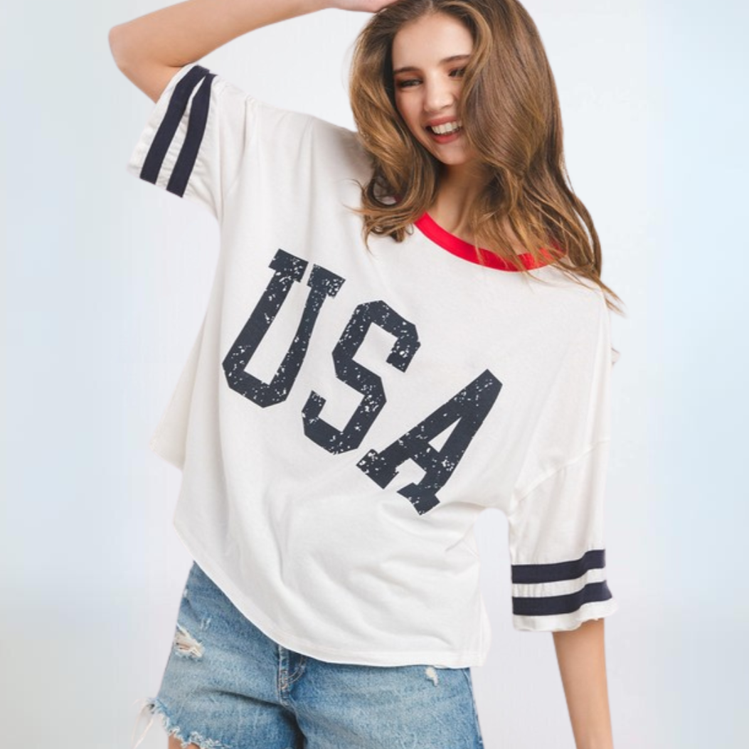 Made in USA Women's Patriotic Cotton USA Graphic Oversized T-Shirt Navy Stripes on Sleeves and Red Detail Round Neckline | Classy Cozy Cool Made in America Boutique