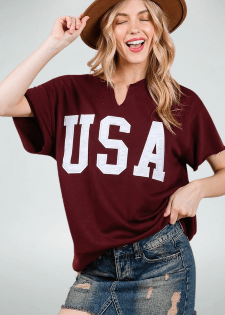Made in USA Game Day USA Lettering Patch Short Sleeve T-Shirt, Raw edge detail, USA lettering patch for Patriotic, Olympics and Game Day in Crimson | Classy Cozy Cool Made in America Boutique