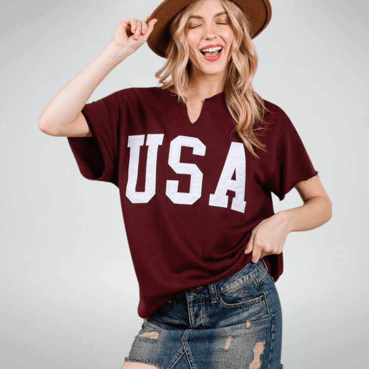 Made in USA Game Day USA Lettering Patch Short Sleeve T-Shirt, Raw edge detail, USA lettering patch for Patriotic, Olympics and Game Day in Crimson | Classy Cozy Cool Made in America Boutique