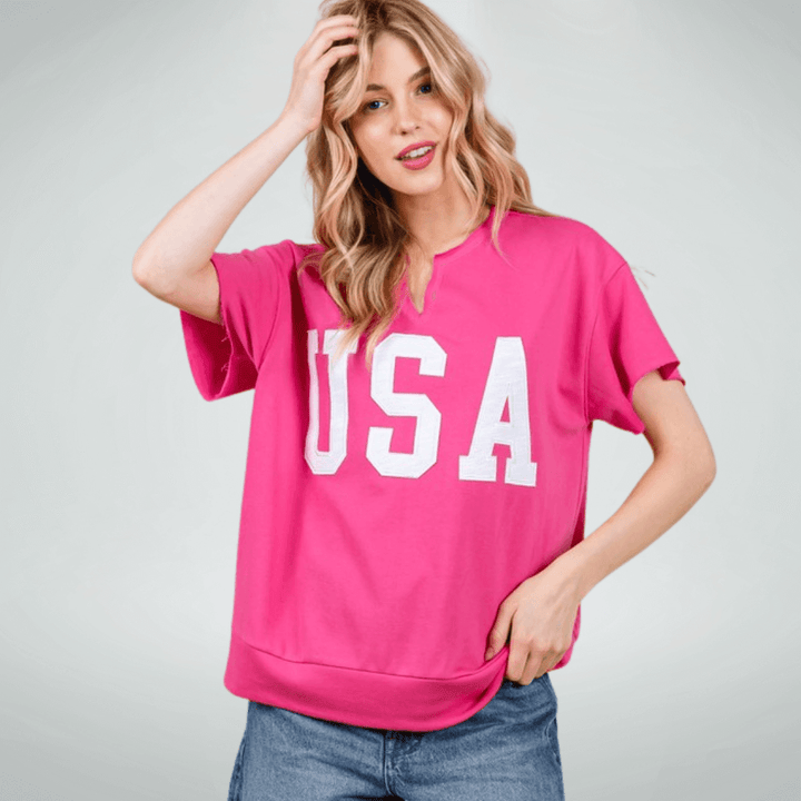 Made in USA Game Day USA Lettering Patch Short Sleeve T-Shirt, Raw edge detail, USA lettering patch for Patriotic, Olympics and Game Day in Fuchsia | Classy Cozy Cool Made in America Boutique