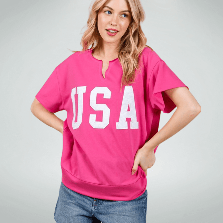 Made in USA Game Day USA Lettering Patch Short Sleeve T-Shirt, Raw edge detail, USA lettering patch for Patriotic, Olympics and Game Day in Fuchsia | Classy Cozy Cool Made in America Boutique