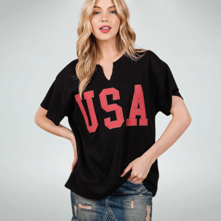 Made in USA Game Day USA Lettering Patch Short Sleeve T-Shirt, Raw edge detail, USA lettering patch for Patriotic, Olympics and Game Day in Black | Classy Cozy Cool Made in America Boutique