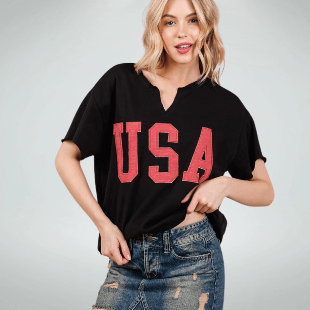 Made in USA Game Day USA Lettering Patch Short Sleeve T-Shirt, Raw edge detail, USA lettering patch for Patriotic, Olympics and Game Day in Black | Classy Cozy Cool Made in America Boutique