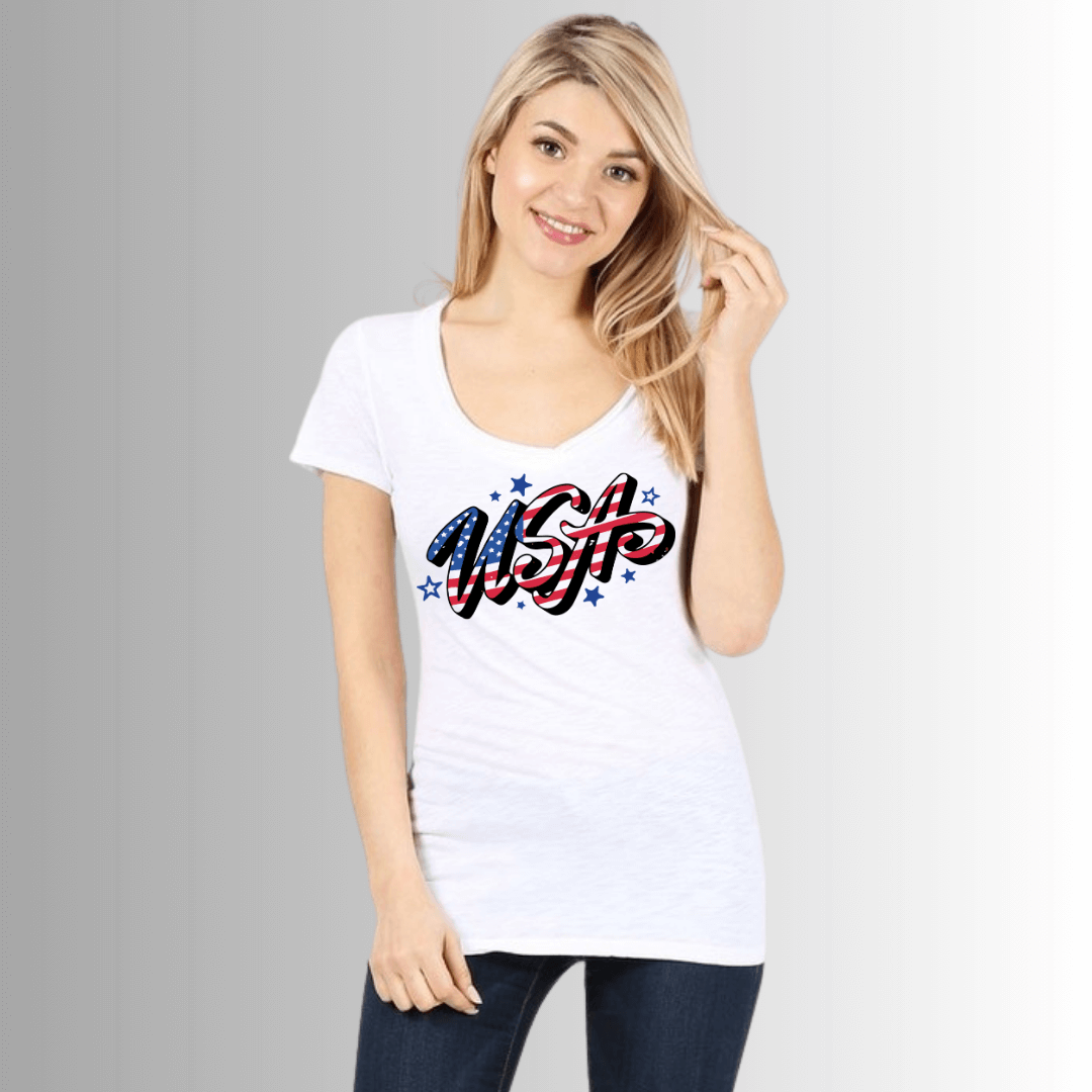 Made in USA Women's Cotton Patriotic USA Stars Graphic Fitted Tee in White | Classy Cozy Cool Made in America Boutique