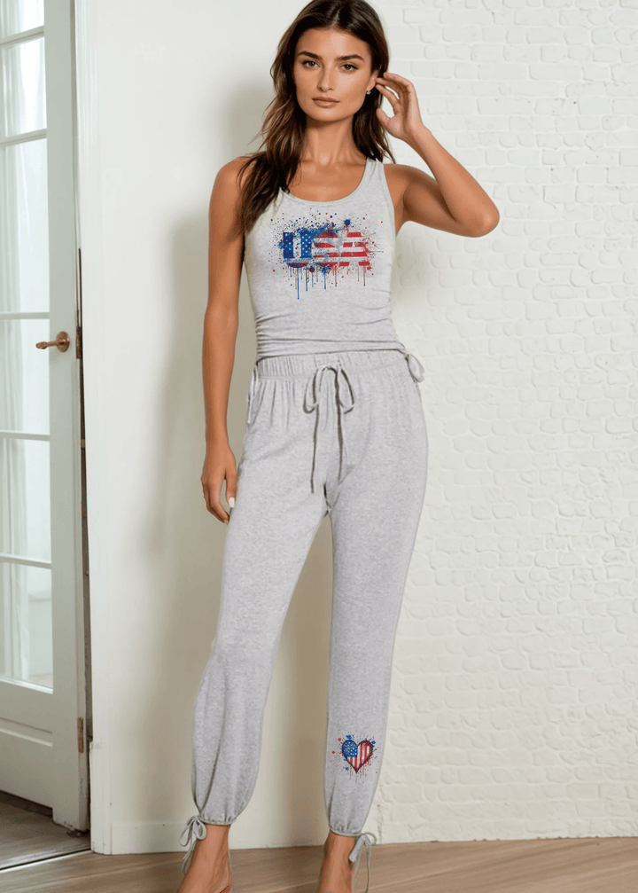 USA Made Women's Patriotic USA Heart Graphic Soft Brushed Fitted Tank Top and Jogger Set in Heather Gray