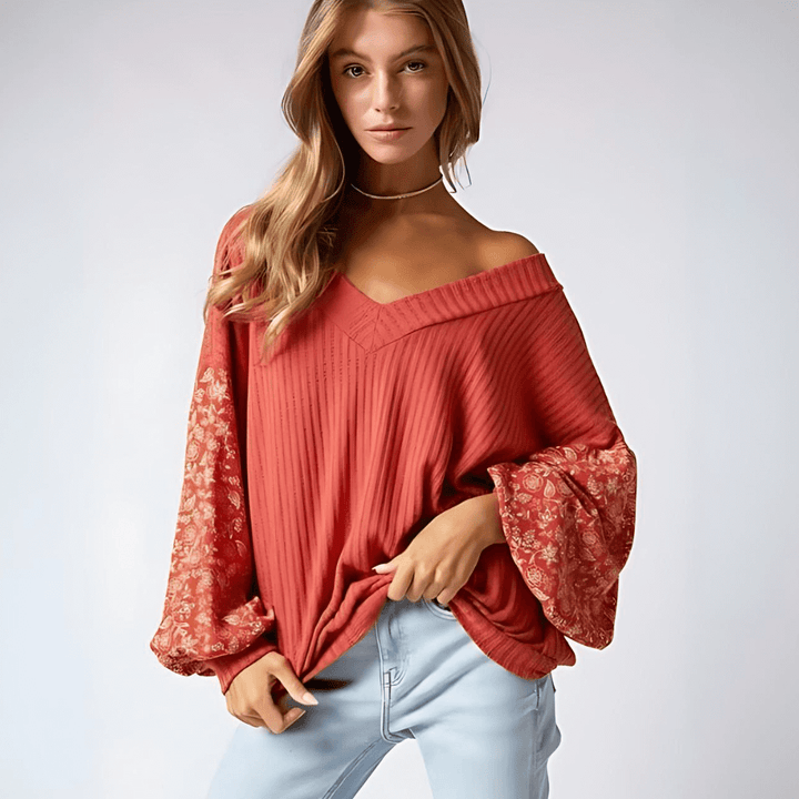 Made in USA Women's Waffle Knit Floral Balloon Sleeve Top ,Wide V-Neck, Oversized Fit, 2-Tone Floral Print Bubble Long Sleeves, Color: Red Clay | Classy Cozy Cool Made in America Boutique