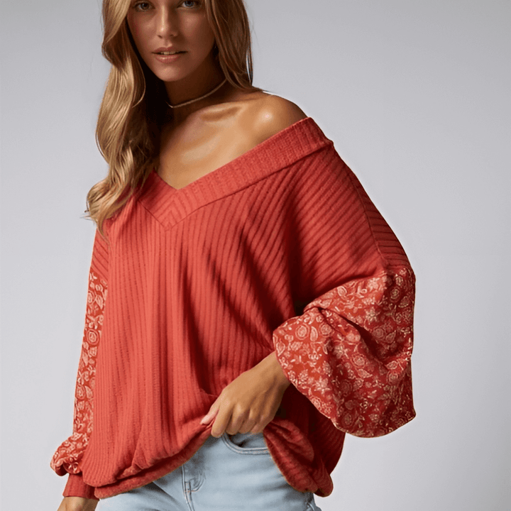 Made in USA Women's Waffle Knit Floral Balloon Sleeve Top ,Wide V-Neck, Oversized Fit, 2-Tone Floral Print Bubble Long Sleeves, Color: Red Clay | Classy Cozy Cool Made in America Boutique