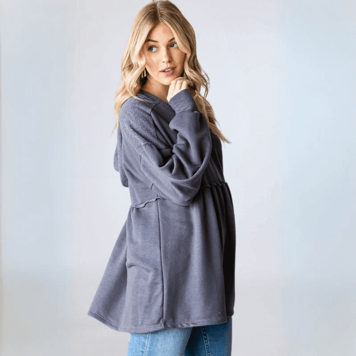 USA Made Women's Baby Doll Cut Long Bishop Sleeve Tunic Hoodie in Grey | Classy Cozy Cool Women's Made in America Clothing Boutique