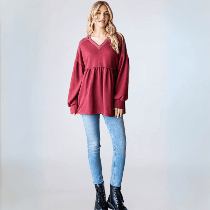 USA Made Women's Baby Doll Cut Long Bishop Sleeve Tunic Hoodie in Burgundy | Classy Cozy Cool Women's Made in America Clothing Boutique