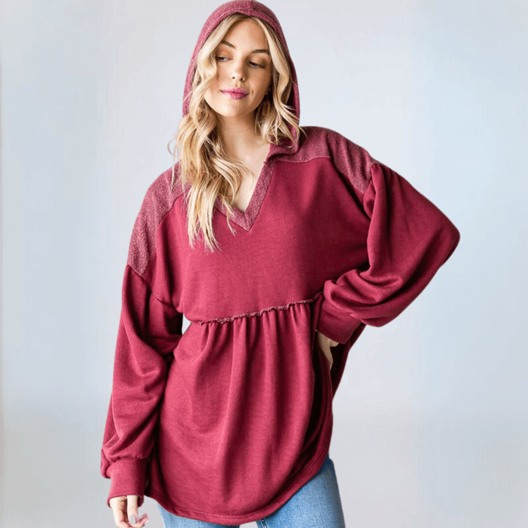 USA Made Women's Baby Doll Cut Long Bishop Sleeve Tunic Hoodie in Burgundy | Classy Cozy Cool Women's Made in America Clothing Boutique