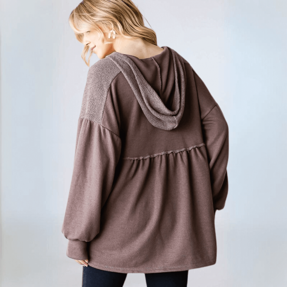 USA Made Women's Baby Doll Cut Long Bishop Sleeve Tunic Hoodie in Mocha Tan | Classy Cozy Cool Women's Made in America Clothing Boutique