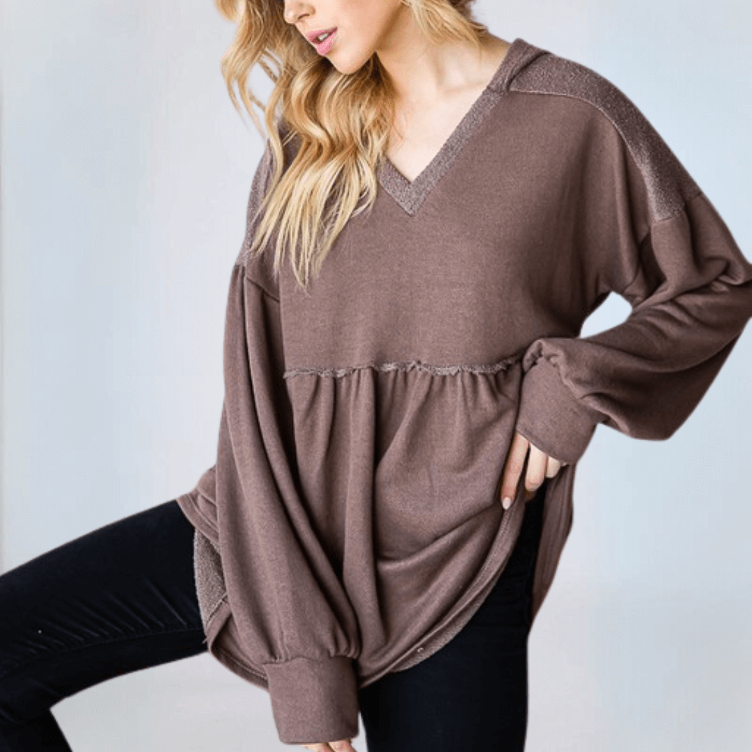 USA Made Women's Baby Doll Cut Long Bishop Sleeve Tunic Hoodie in Mocha Tan | Classy Cozy Cool Women's Made in America Clothing Boutique