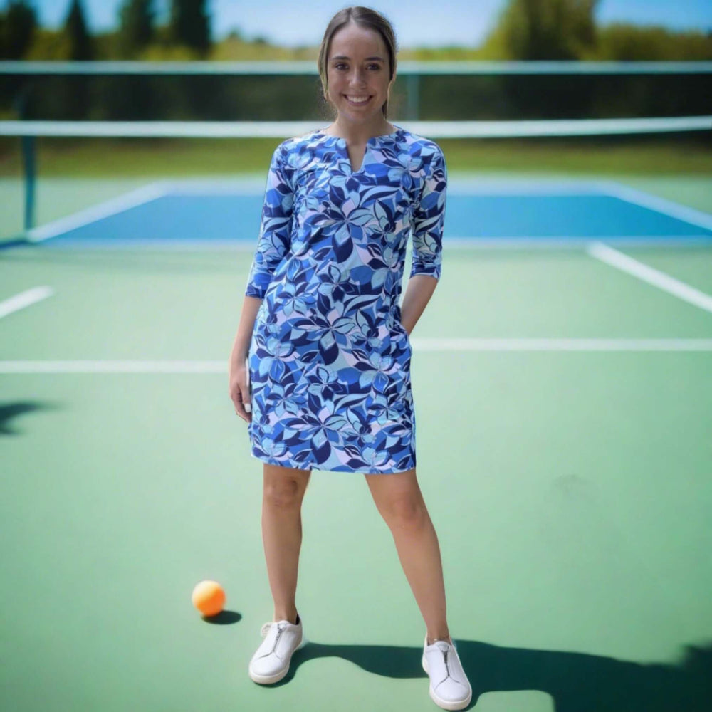 USA Made Ladies Active Wear Venice Dress in Sea Petals Print by Southwind Apparel | For Tennis, Pickle Ball, Lunch, Outdoor Event Summer Wear | Classy Cozy Cool Women's Made in America Boutique