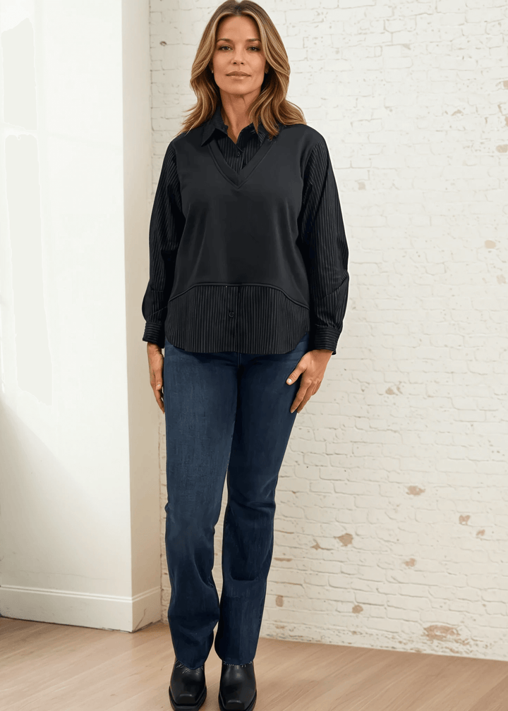 Made in USA, Rowen Top,  Women's Black Pinstripe Long Sleeve Button Down with Built in Vest, Collared, Layered Look, Long Sleeves | Classy Cozy Cool Made in America Boutique