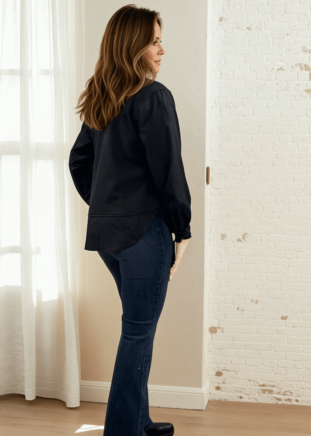 Made in USA, Rowen Top,  Women's Black Pinstripe Long Sleeve Button Down with Built in Vest, Collared, Layered Look, Long Sleeves | Classy Cozy Cool Made in America Boutique