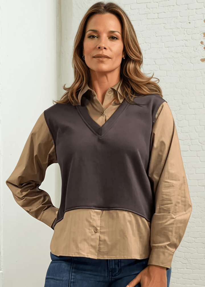 Made in USA, Rowen Top,  Women's Camel Pinstripe Long Sleeve Button Down with Built in Brown Vest, Collared, Layered Look, Long Sleeves | Classy Cozy Cool Made in America Boutique