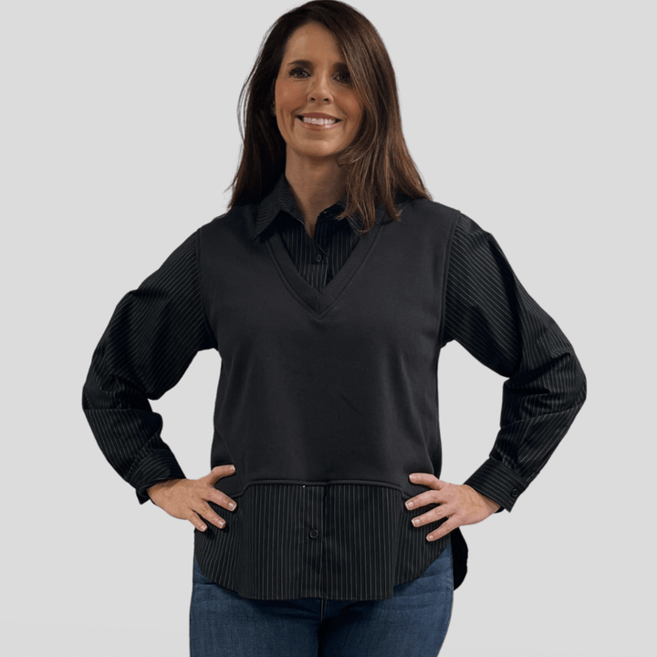 Made in USA, Rowen Top,  Women's Black Pinstripe Long Sleeve Button Down with Built in Vest, Collared, Layered Look, Long Sleeves | Classy Cozy Cool Made in America Boutique