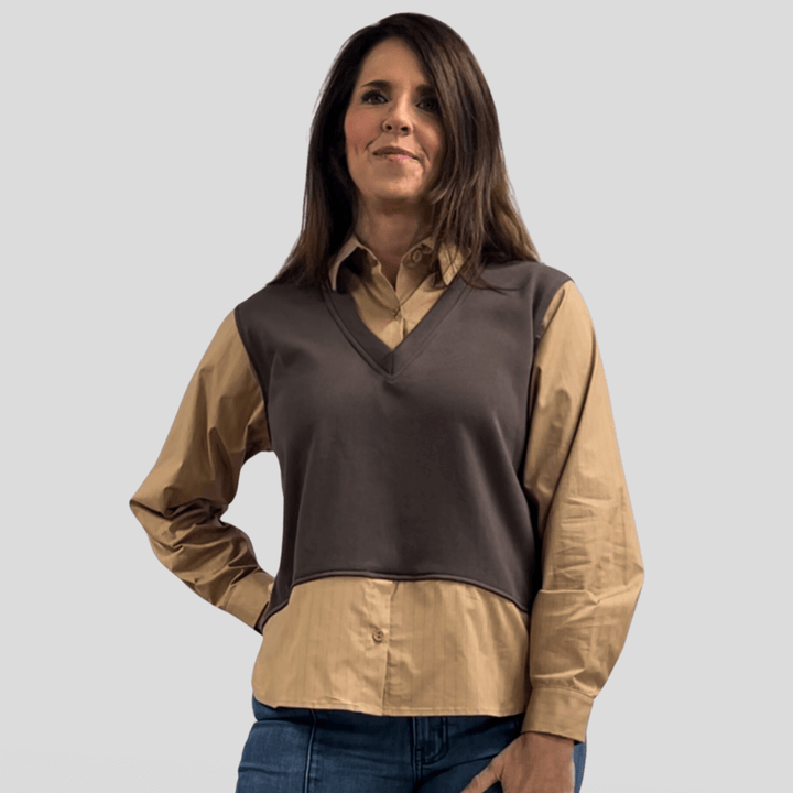 Made in USA, Rowen Top,  Women's Camel Pinstripe Long Sleeve Button Down with Built in Brown Vest, Collared, Layered Look, Long Sleeves | Classy Cozy Cool Made in America Boutique