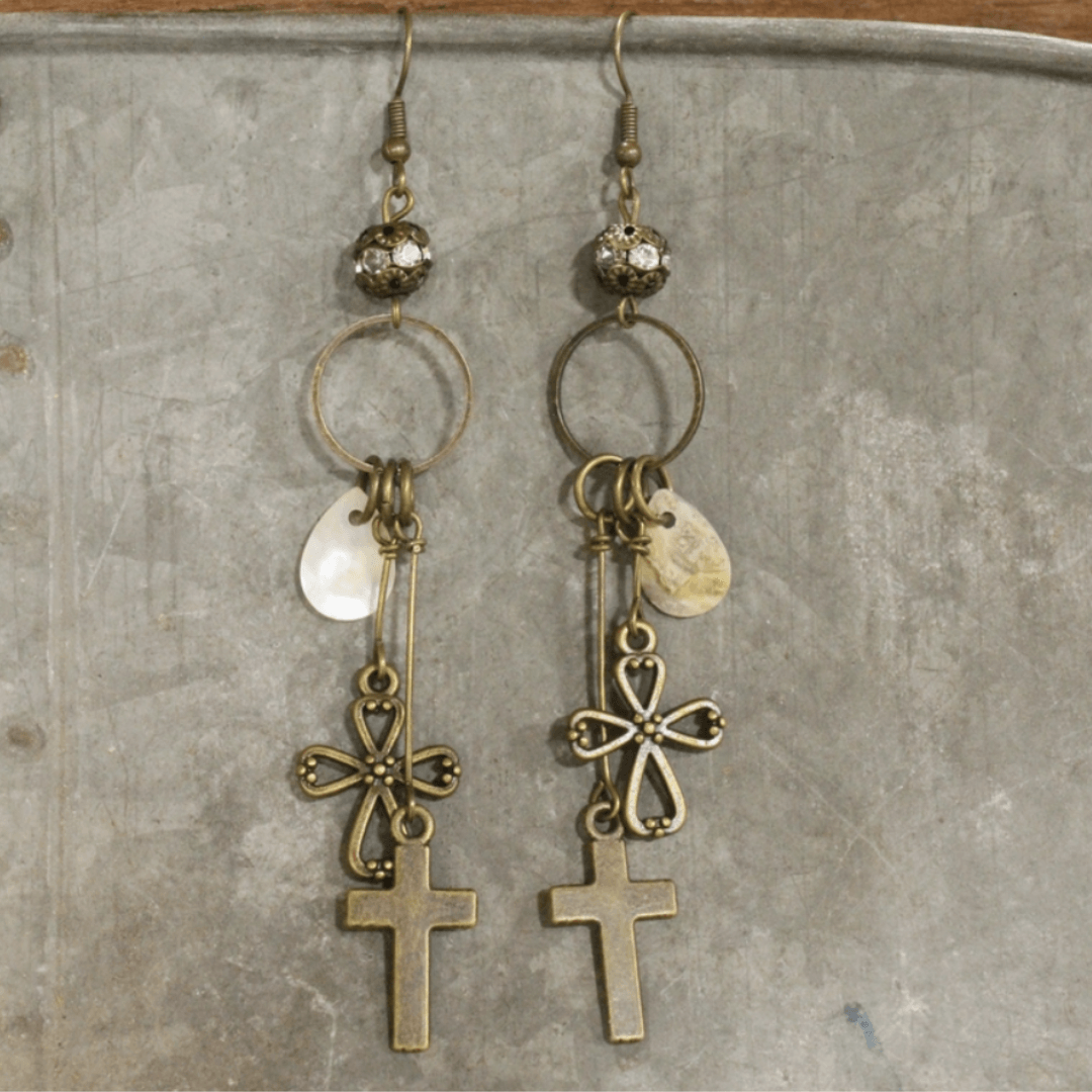 Natural Stone Jewelry Designed and Made in USA, Vintage Cross Dangle Earrings | Classy Cozy Cool Made in America Boutique