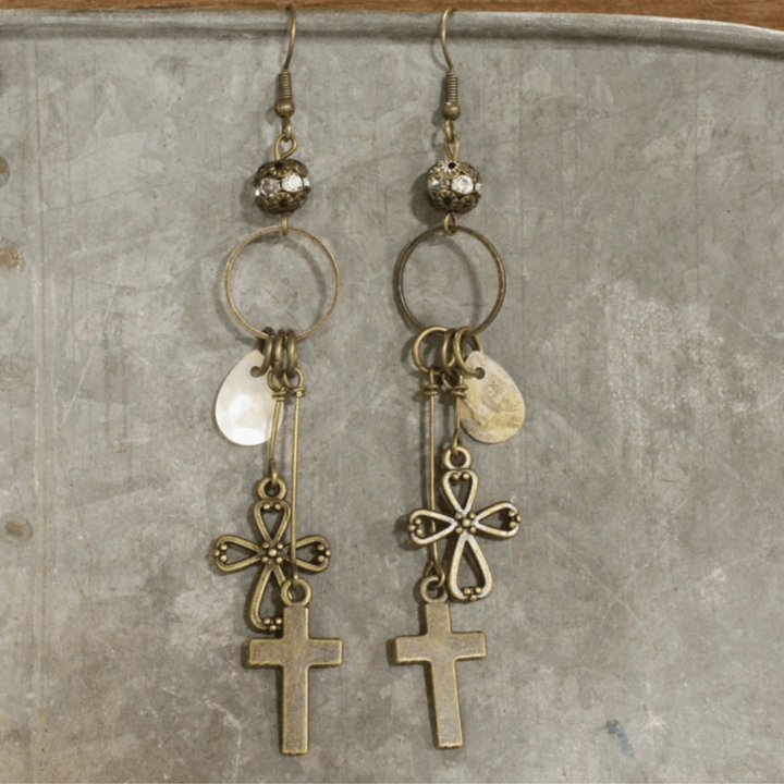 Natural Stone Jewelry Designed and Made in USA, Vintage Cross Dangle Earrings | Classy Cozy Cool Made in America Boutique