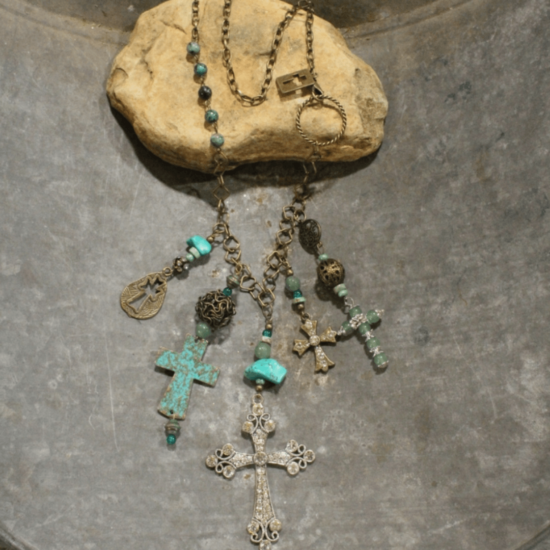 Natural Stone Jewelry Designed and Made in USA, Unique One-of-a-kind Vintage Inspired Cross Jade and Patina Charm Statement Necklace