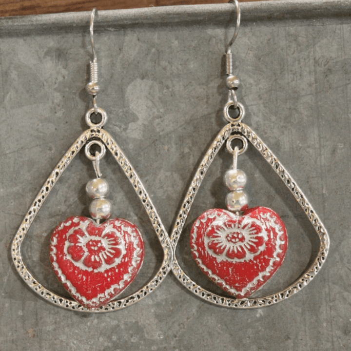 Natural Stone Jewelry Designed and Made in USA, Vintage Red Glass Heart Hoop Earrings | Classy Cozy Cool Made in America Boutique