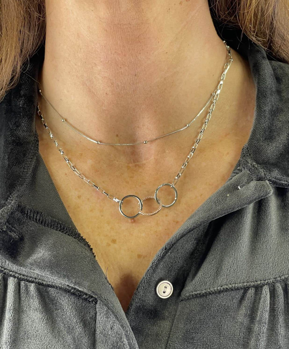 Made in USA, Virtuoso Women's Silver with Cubic Zirconia Double Layer Fashion Necklace by Artist Anuja Tolia is made of Silver Plated Stainless Steel Chain with Cubic Zirconia 