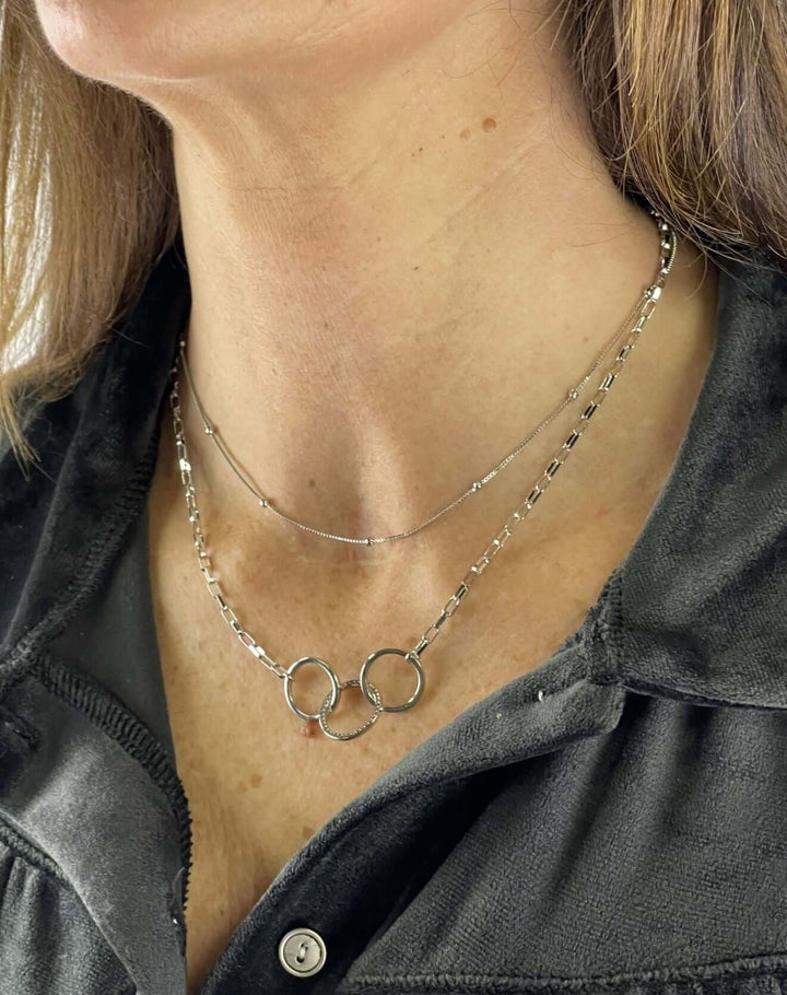 Made in USA, Virtuoso Women's Silver with Cubic Zirconia Double Layer Fashion Necklace by Artist Anuja Tolia is made of Silver Plated Stainless Steel Chain with Cubic Zirconia 