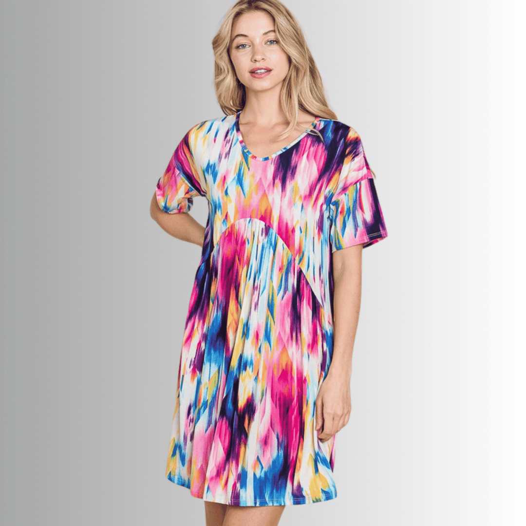 Made in USA Women's Vivid Colorful Print Short Sleeve Round Neck Beach Mini Dress | Classy Cozy Cool Made in America Boutique