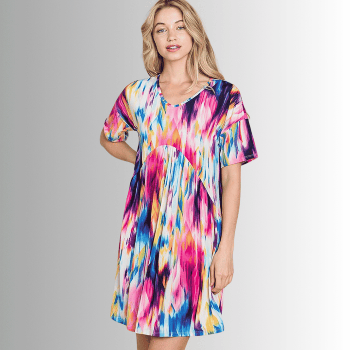 Made in USA Women's Vivid Colorful Print Short Sleeve Round Neck Beach Mini Dress | Classy Cozy Cool Made in America Boutique