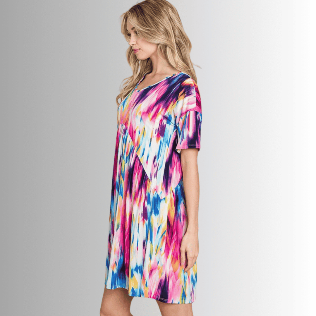 Made in USA Women's Vivid Colorful Print Short Sleeve Round Neck Beach Mini Dress | Classy Cozy Cool Made in America Boutique