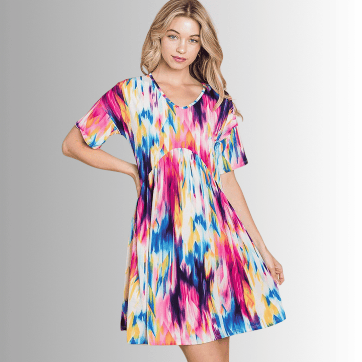 Made in USA Women's Vivid Colorful Print Short Sleeve Round Neck Beach Mini Dress | Classy Cozy Cool Made in America Boutique