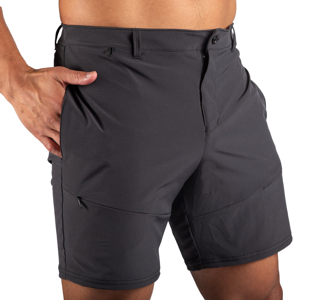 WSI Sportswear Men's Woven Hiker Short in Black Made in USA, Belt Loops. Waistband loop, Zippered fly with button, Zippered front pockets Side pockets, 8" Inseam 