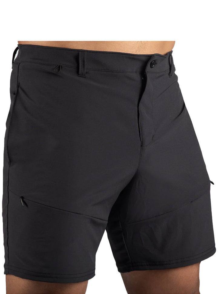 WSI Sportswear Men's Woven Hiker Short in Black Made in USA, Belt Loops. Waistband loop, Zippered fly with button, Zippered front pockets Side pockets, 8" Inseam 