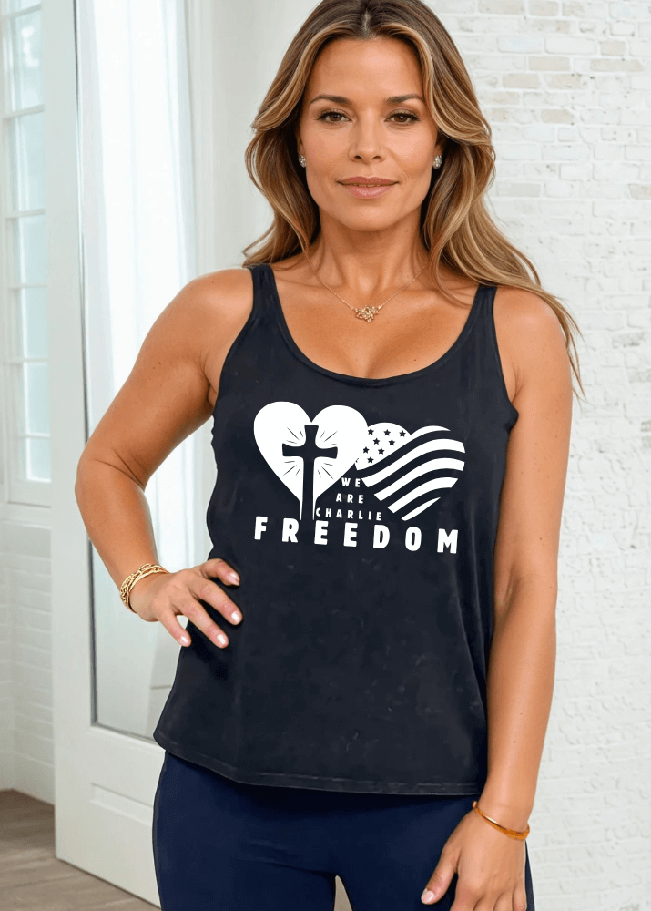 Made in USA | We Are Charlee FREEDOM Graphic Women's Cotton Tank Top Women's Sustainable durable premium America-made cotton tank top, Mineral Washed Vintage Look, Wide Round Neck, Loose Fit, Perfect for Layering in Seven Colors | Classy Cozy Cool Women's Made in America Boutique