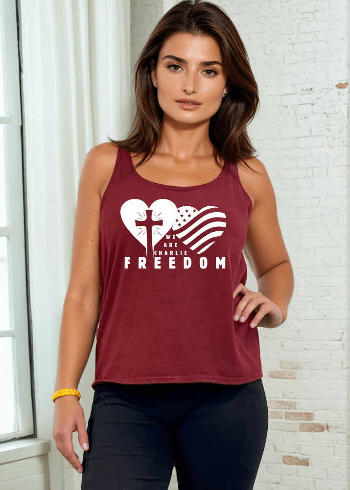 Made in USA | We Are Charlee FREEDOM Graphic Women's Cotton Tank Top Women's Sustainable durable premium America-made cotton tank top, Mineral Washed Vintage Look, Wide Round Neck, Loose Fit, Perfect for Layering in Seven Colors | Classy Cozy Cool Women's Made in America Boutique
