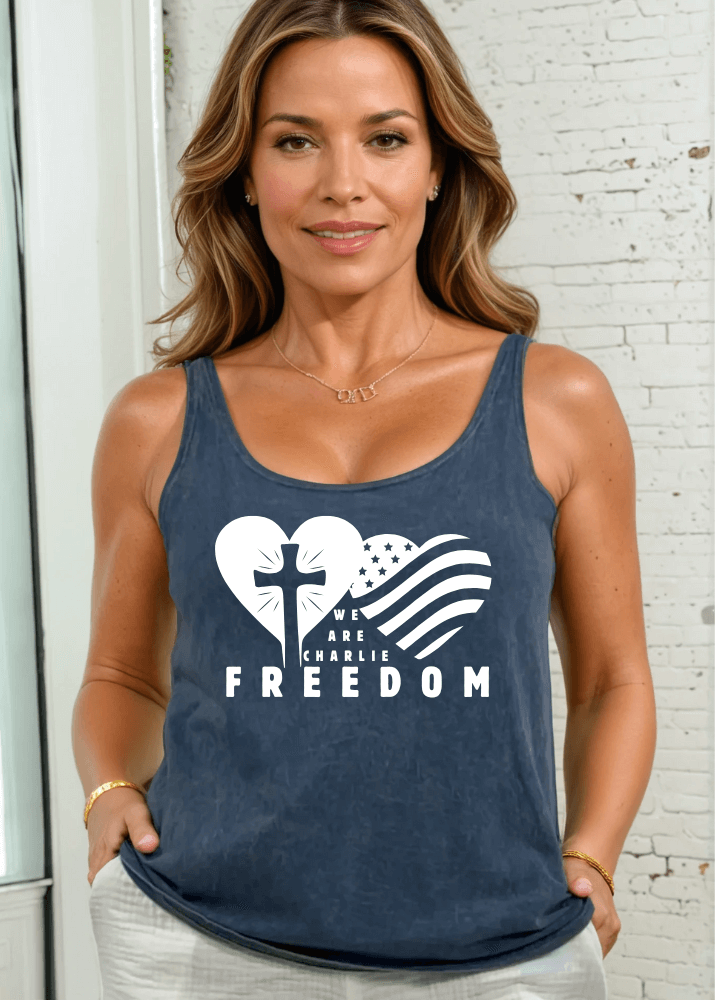Made in USA | We Are Charlee FREEDOM Graphic Women's Cotton Tank Top Women's Sustainable durable premium America-made cotton tank top, Mineral Washed Vintage Look, Wide Round Neck, Loose Fit, Perfect for Layering in Seven Colors | Classy Cozy Cool Women's Made in America Boutique