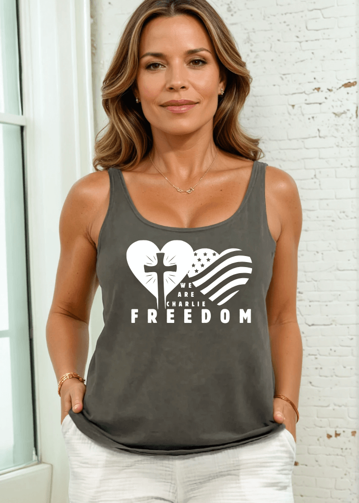 Made in USA | We Are Charlee FREEDOM Graphic Women's Cotton Tank Top Women's Sustainable durable premium America-made cotton tank top, Mineral Washed Vintage Look, Wide Round Neck, Loose Fit, Perfect for Layering in Seven Colors | Classy Cozy Cool Women's Made in America Boutique