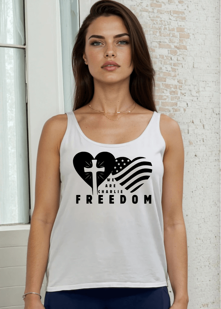 Made in USA | We Are Charlee FREEDOM Graphic Women's Cotton Tank Top Women's Sustainable durable premium America-made cotton tank top, Mineral Washed Vintage Look, Wide Round Neck, Loose Fit, Perfect for Layering in Seven Colors | Classy Cozy Cool Women's Made in America Boutique