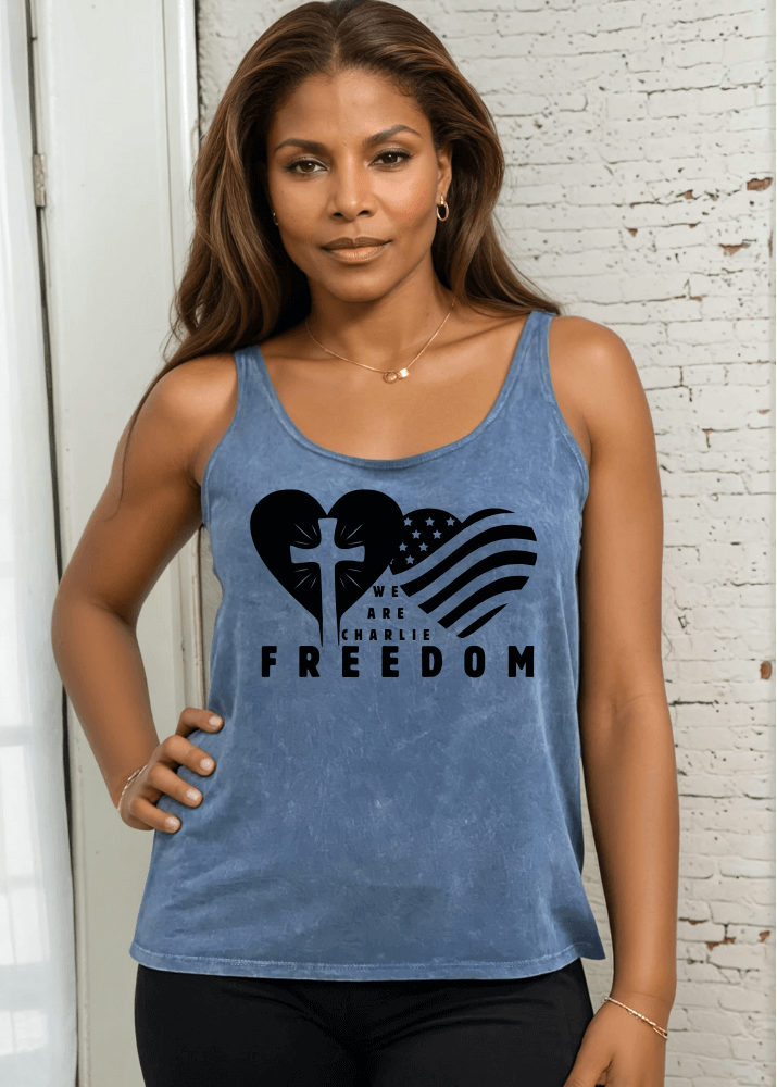Made in USA | We Are Charlee FREEDOM Graphic Women's Cotton Tank Top Women's Sustainable durable premium America-made cotton tank top, Mineral Washed Vintage Look, Wide Round Neck, Loose Fit, Perfect for Layering in Seven Colors | Classy Cozy Cool Women's Made in America Boutique